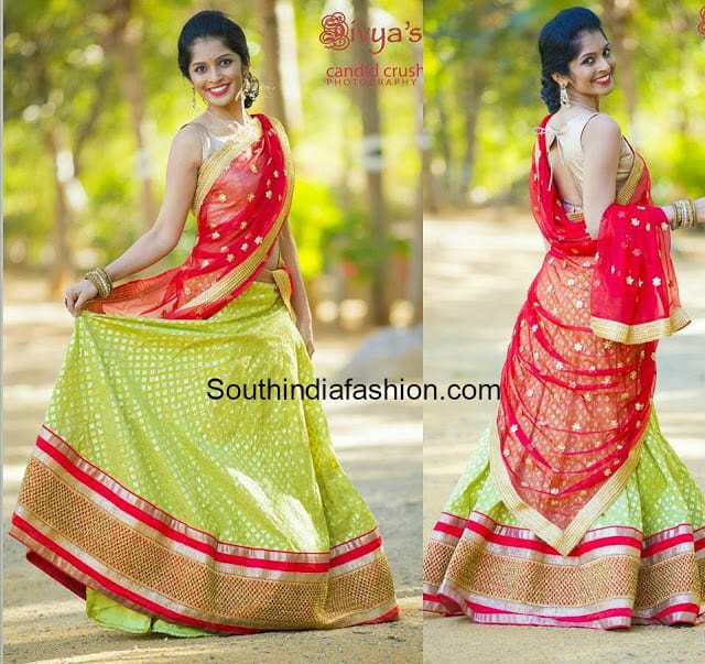 green and red half saree