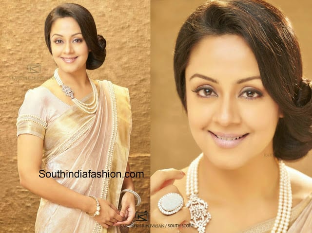 jyothika in cream color pearl work saree