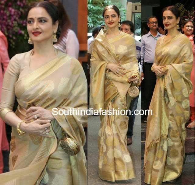 rekha in gold kanjeevaram saree