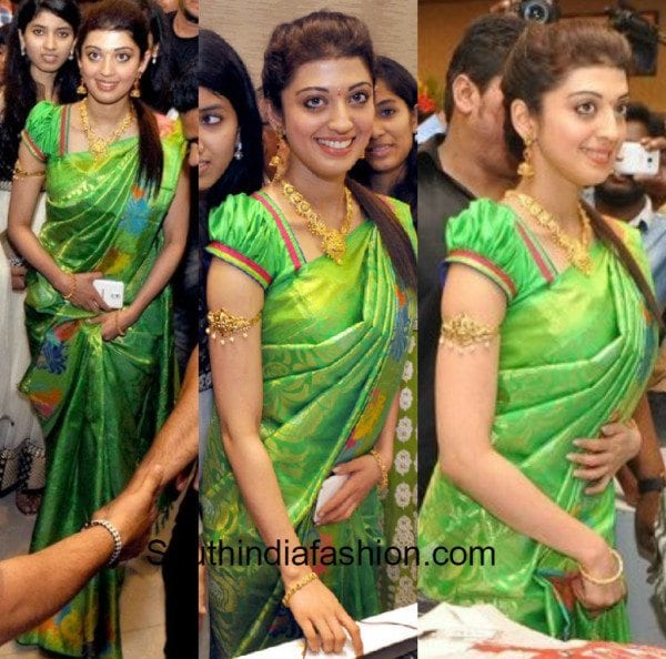 Pranitha in green kanjeevaram at sareenikethan store launch