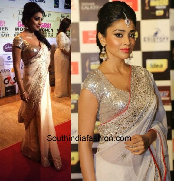 Shriya in a white mirror work saree