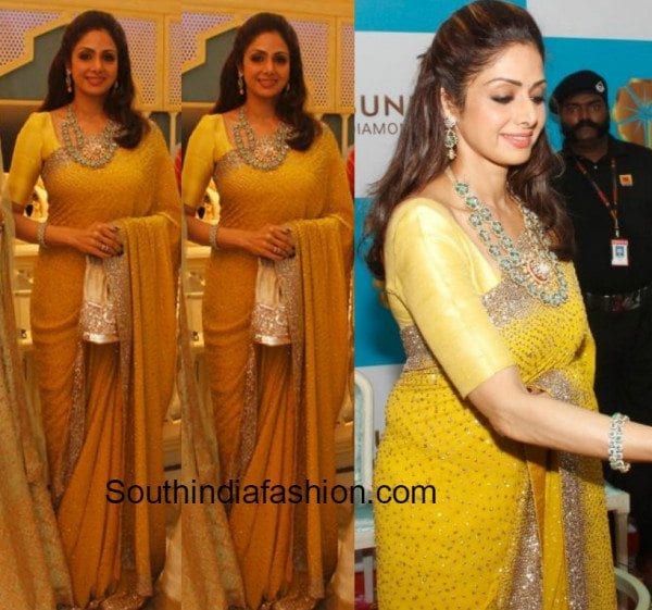 sridevi at vasundhara jewellers launch in a yellow saree