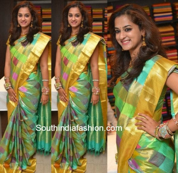 Nanditha in a checkered silk saree