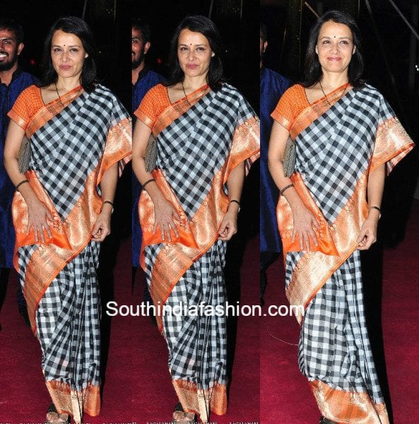 Amala Akkineni in a traditional checkered saree at Pearl V Potluris half saree function