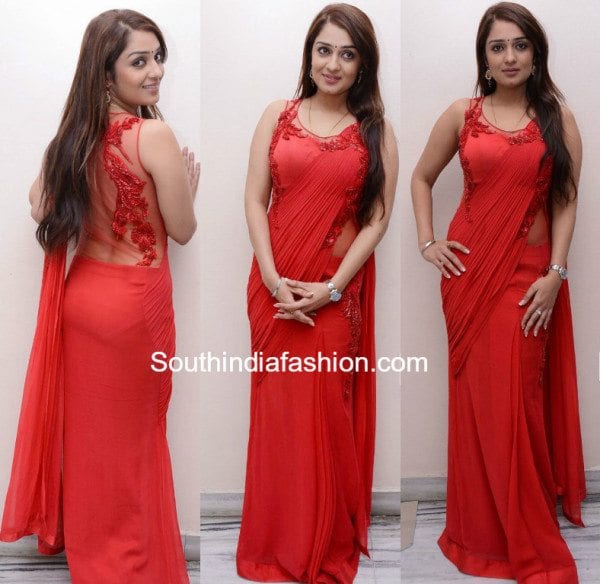 nikhitha_red_saree_gown