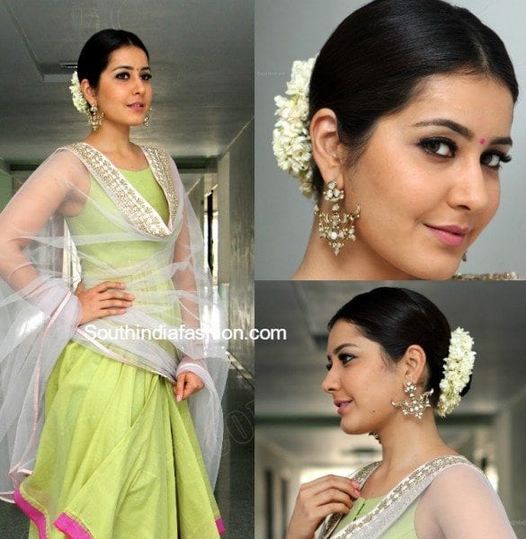 raashi_khanna_bun_with_flowers_hairstyle