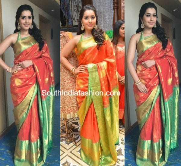 raashi_khanna_orange_pattu_saree_kalamandir_vizag