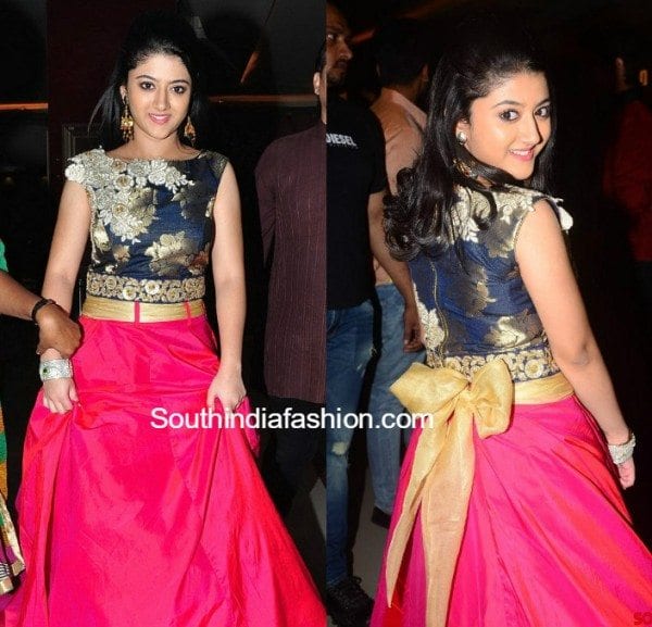 shriya_sharma_pink_lehenga_blue_crop_top