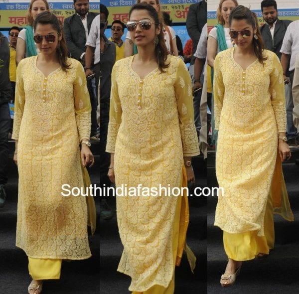 isha_koppikar_yellow_chikankari_kurta_palazzo_thane_event