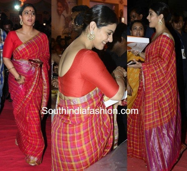 kajol_red_checkered_saree_durga_pooja