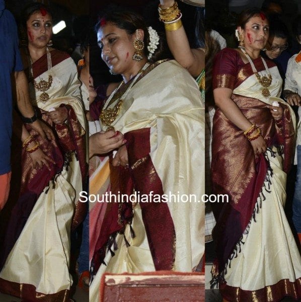 rani_mukherjee_white_kanjeevaram_saree_durga_puja_2016