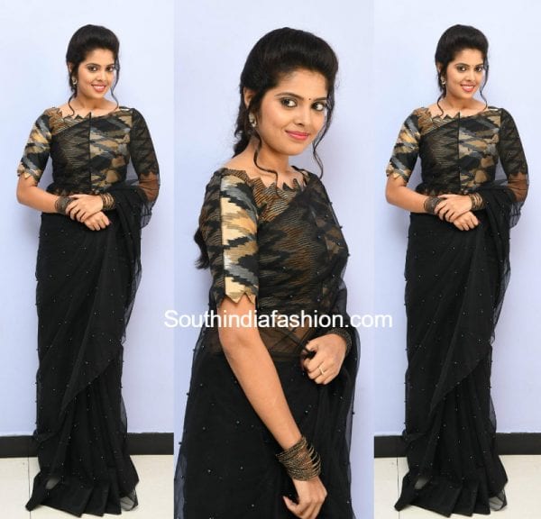 sravya_black_saree_ikkat_blouse