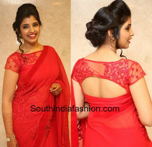 anchor-syamala-red-saree-net-blouse