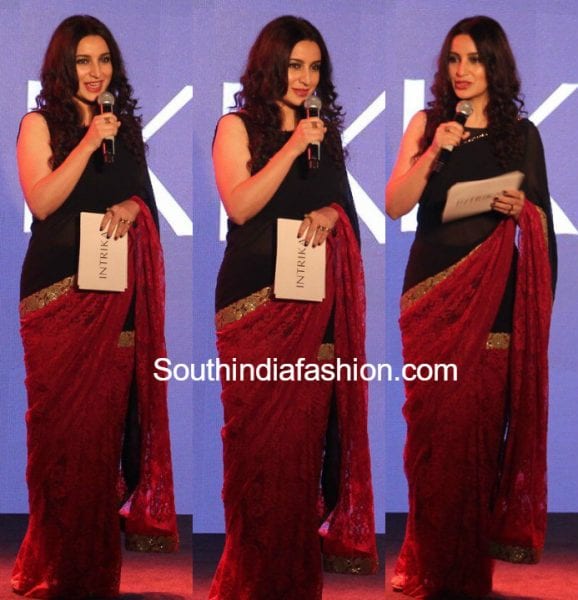 tisca-chopra-black-and-maroon-lace-saree-intrika