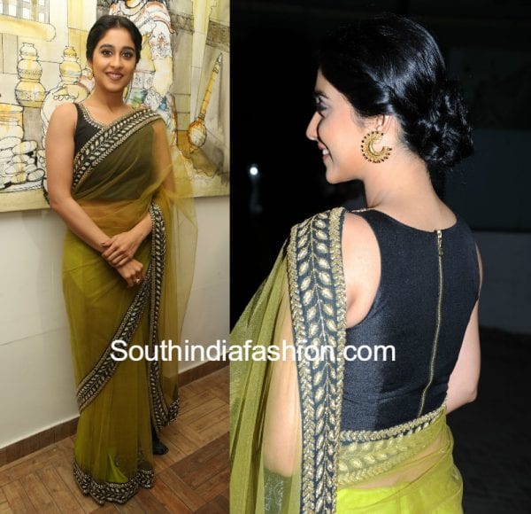 regina-cassandra-green-net-saree-black-blouse