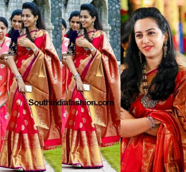 balakrishna_daughter_tejaswini_red_kanjeevaram_saree