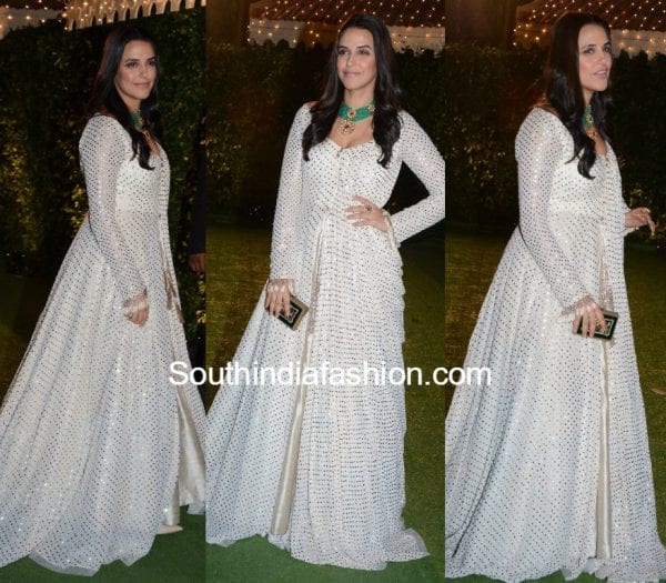 neha-dhupia-white-manish-malhotra-anarkali-Trishya Screwvala Suhail Chandhok Wedding Reception