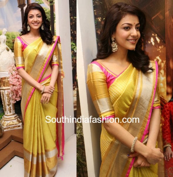 kajal-aggarwal-yellow-pattu-saree