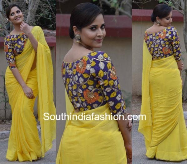 anchor-anasuya-plain-yellow-saree-kalamkari-blouse