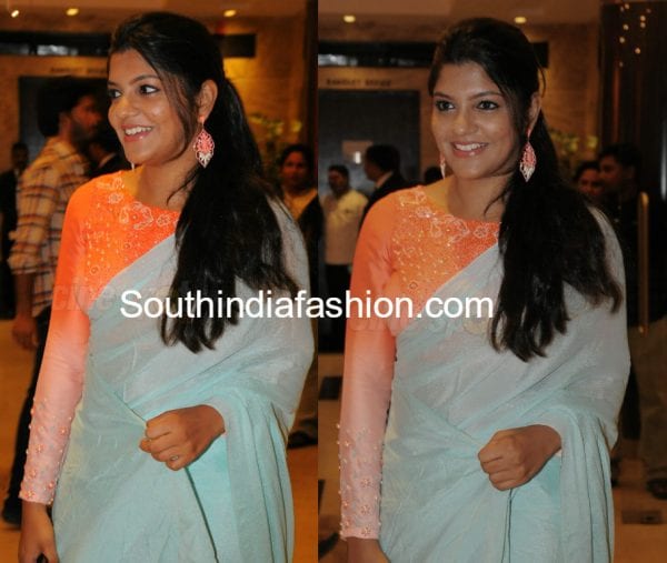 aparna-balamurali-blue-saree-orange-blouse-dhyan-srinivasan-wedding-reception