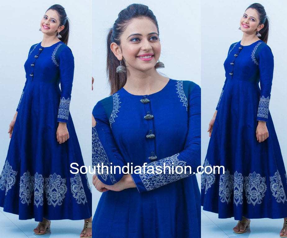 rakul preet singh blue anarkali jade by monic jaya janaki nayaka promotions