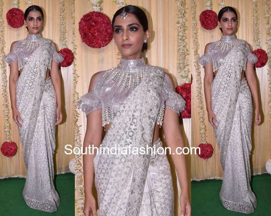 sonam kapoor in white saree by abu jani sandeep khosla at ekta kapoor diwali bash 2017