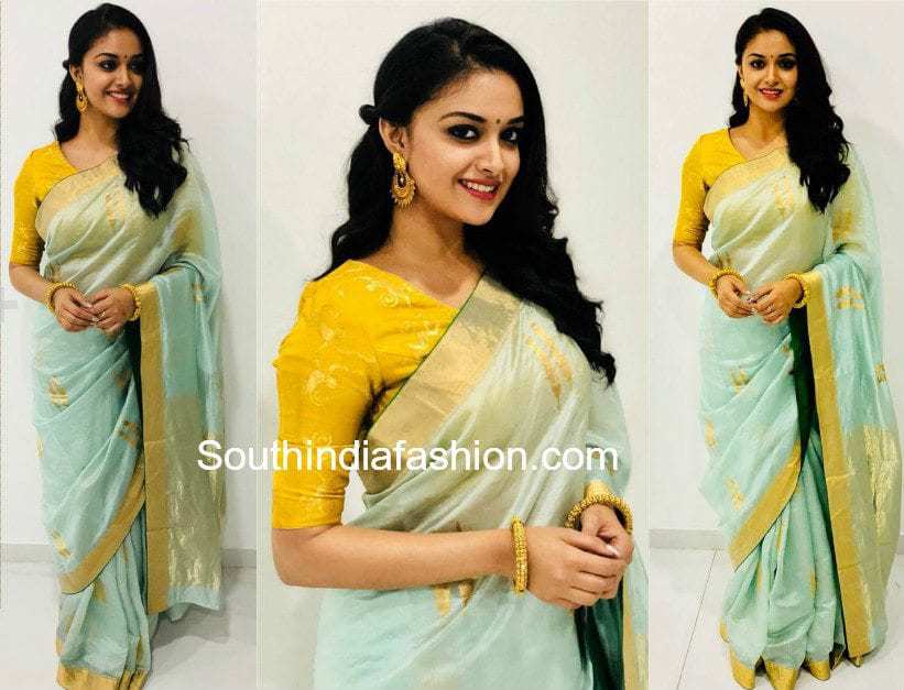 keerthy suresh in raw mango silk saree