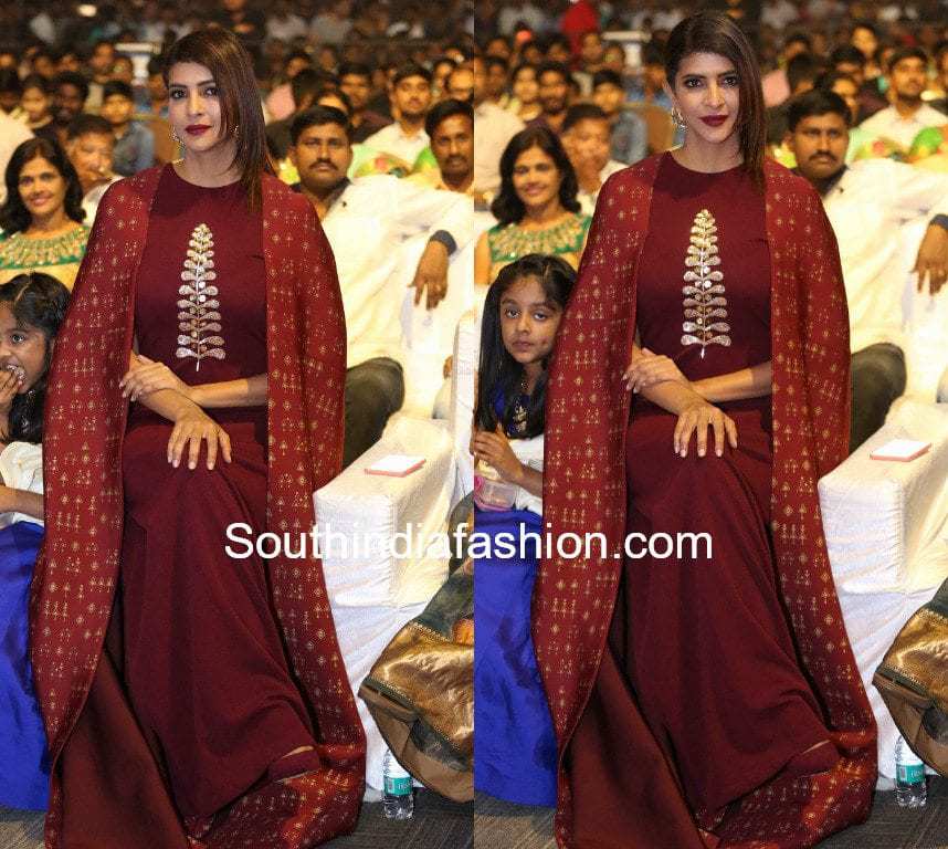 lakshmi manchu maroon cape gown at gayatri audio launch