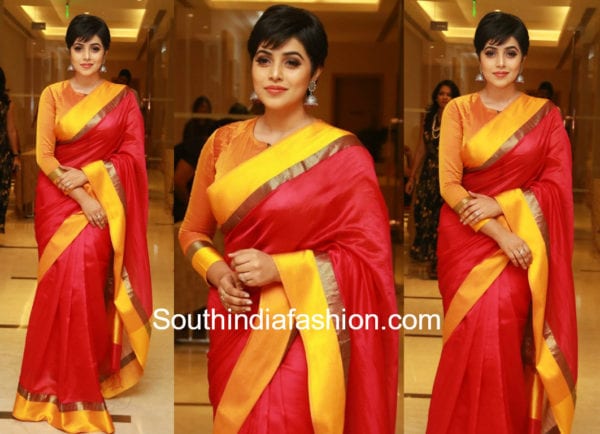 poorna in red and orange silk saree