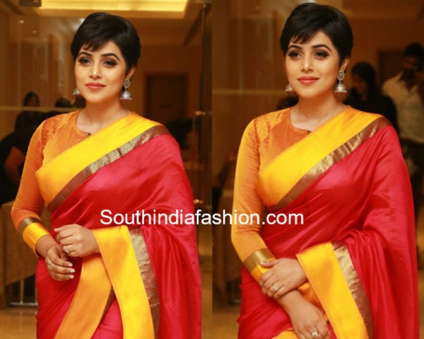 poorna in red and orange saree