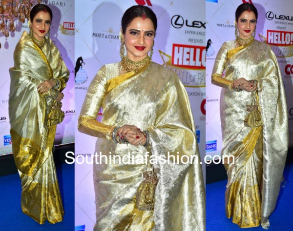 rekha in gold kanjeevaram pattu saree at hello hall of fame awards 2018