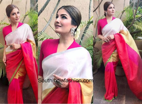 Raveena Tandon in a color blocked silk saree by Payal Khandwala at an event