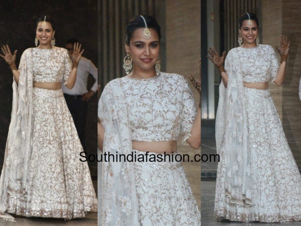 swara bhaskar white lehenga at sonam mehndi sangeet