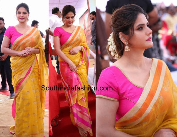 zareen khan yellow chanderi silk saree suchir india event