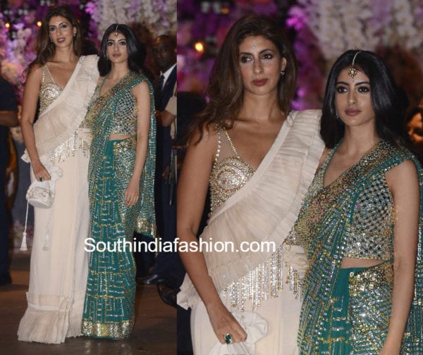 shweta nanda bachchan and navya nanda in abu jani sarees at akash ambani engagement