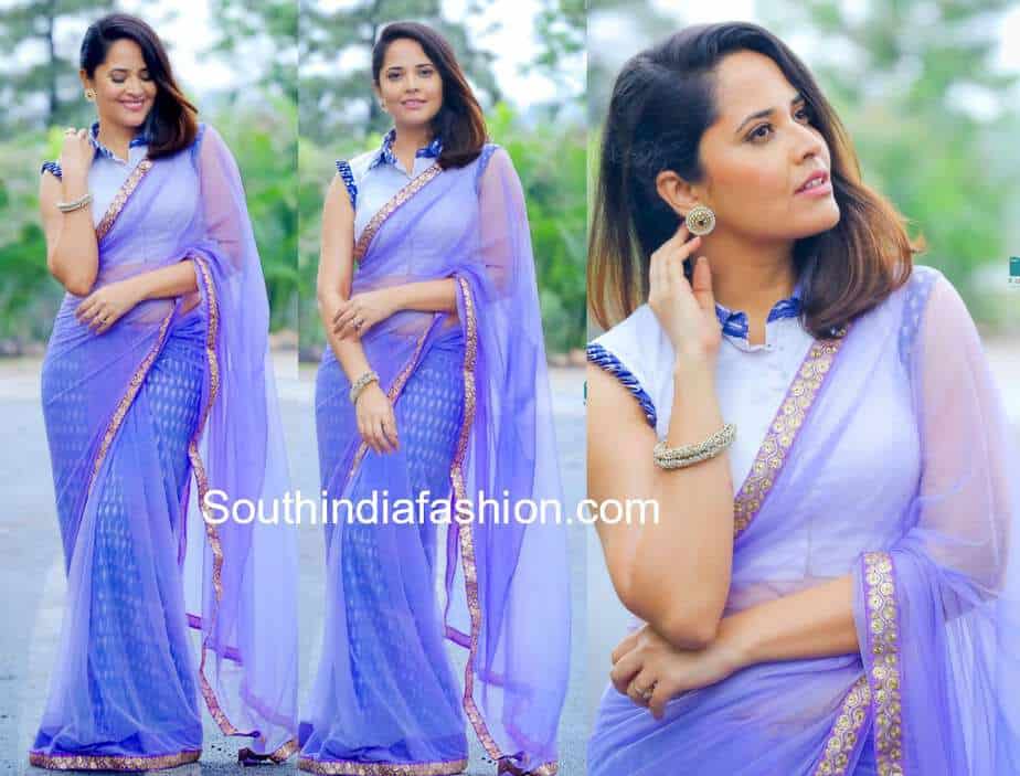 anasuya lavender saree jabardast tv show