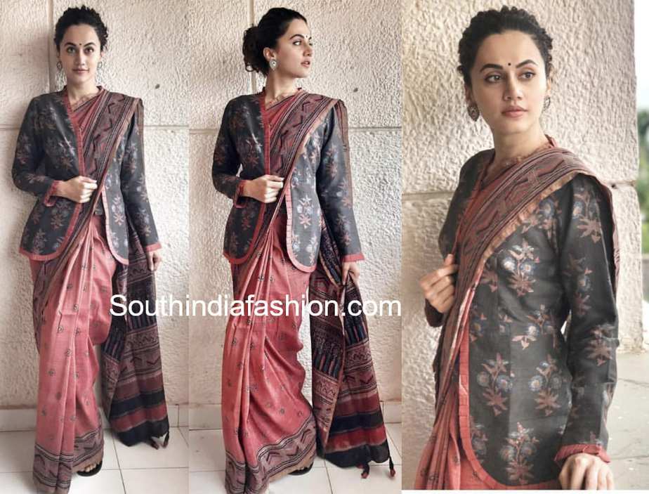 taapsee pannu saree with jacket mulk screening