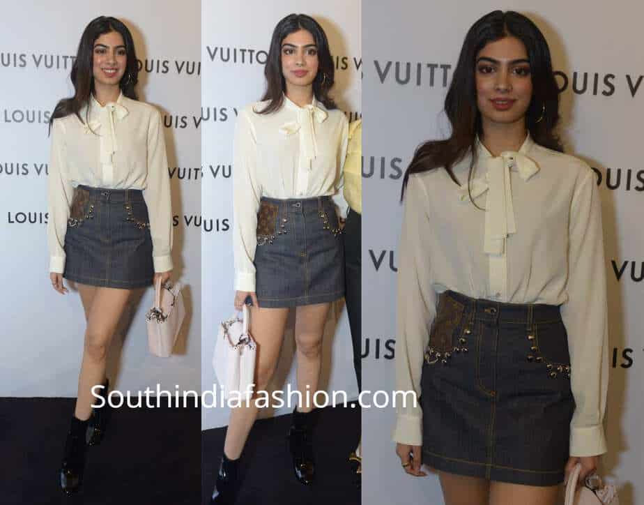 khushi kapoor denim mini skirt louis vuitton store launch