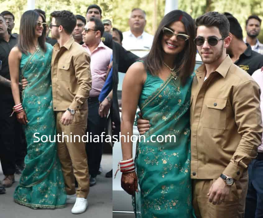 priyanka chopra green saree airport