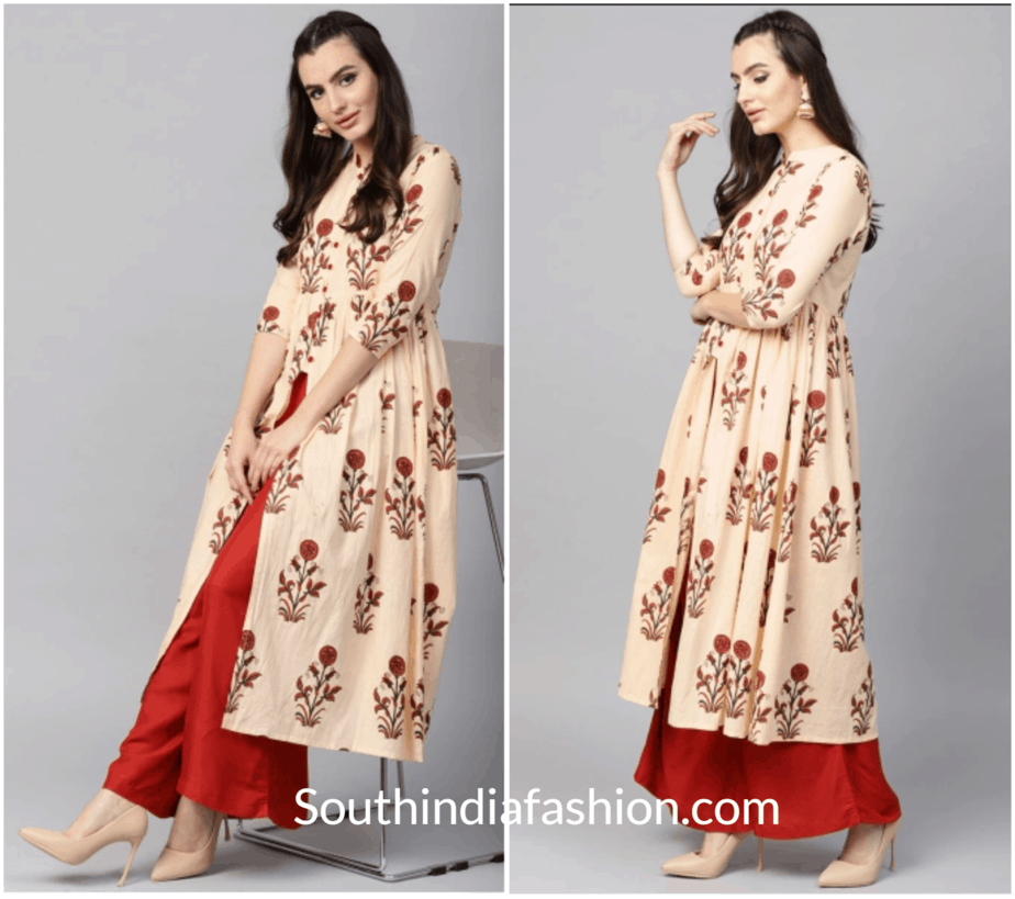 Cream-Coloured-Maroon-Printed-A-Line-Kurta