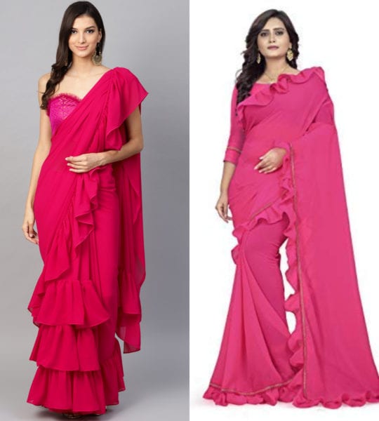 pink ruffle saree online