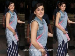 Taapsee Pannu in a striped saree with a denim jacket for Mission Mangal Promotions