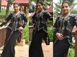 vidya balan black saree with jacket mission mangal promotions