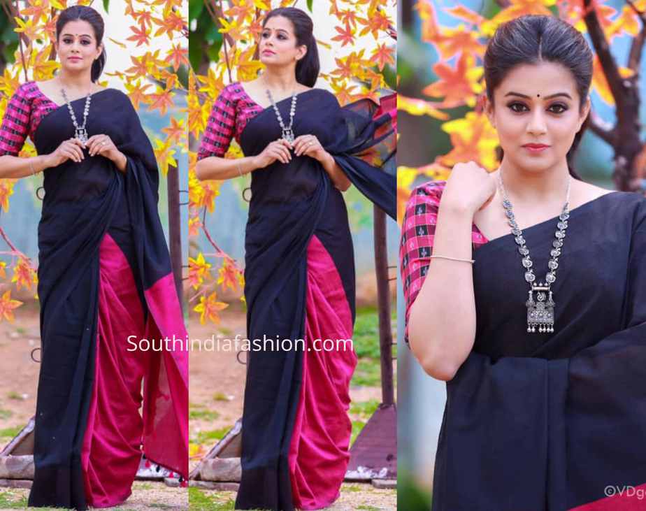 priya mani black and pink saree dhee jodi