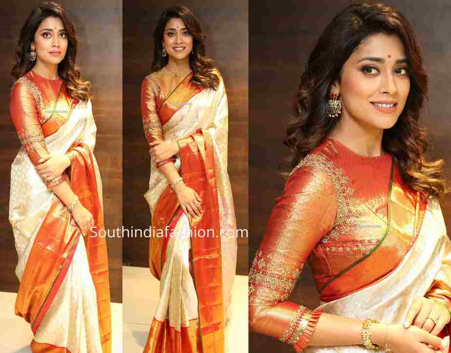 shriya saran white kanjeevaram saree at vrk silks launch