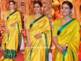 kajol yellow raw mango saree at durga puja celebrations