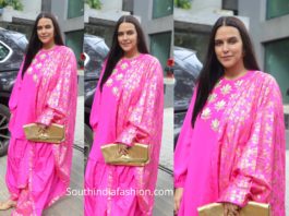 neha dhupia in pink masaba outfit for diwali puja