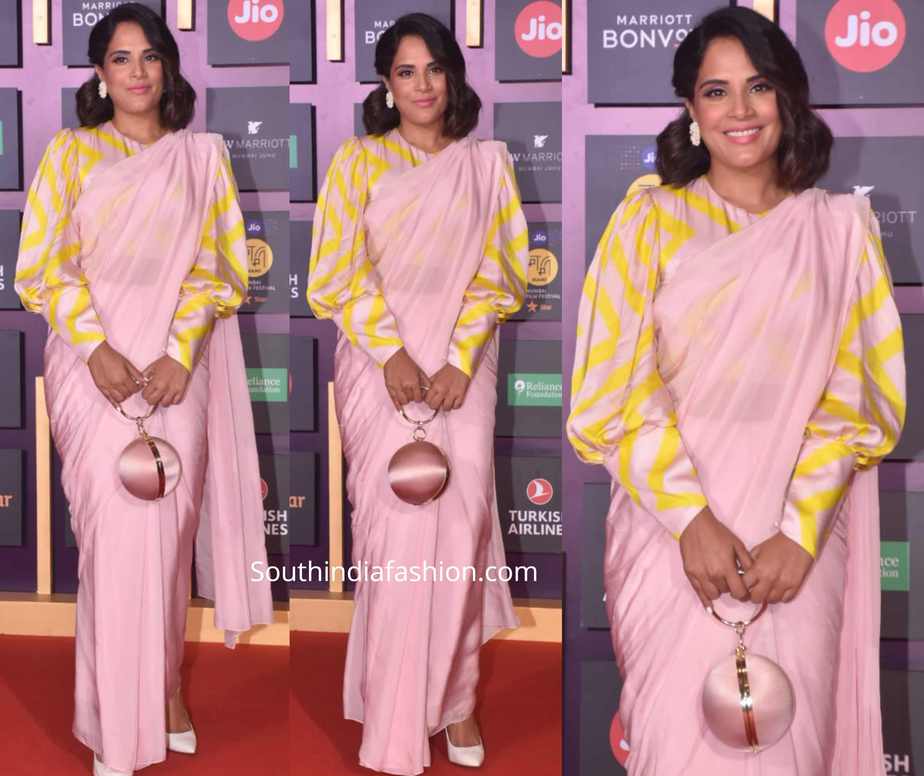 richa chaddha plain pink saree with striped blouse at mami