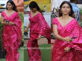 tanisha mukerji pink bandhani saree durga puja