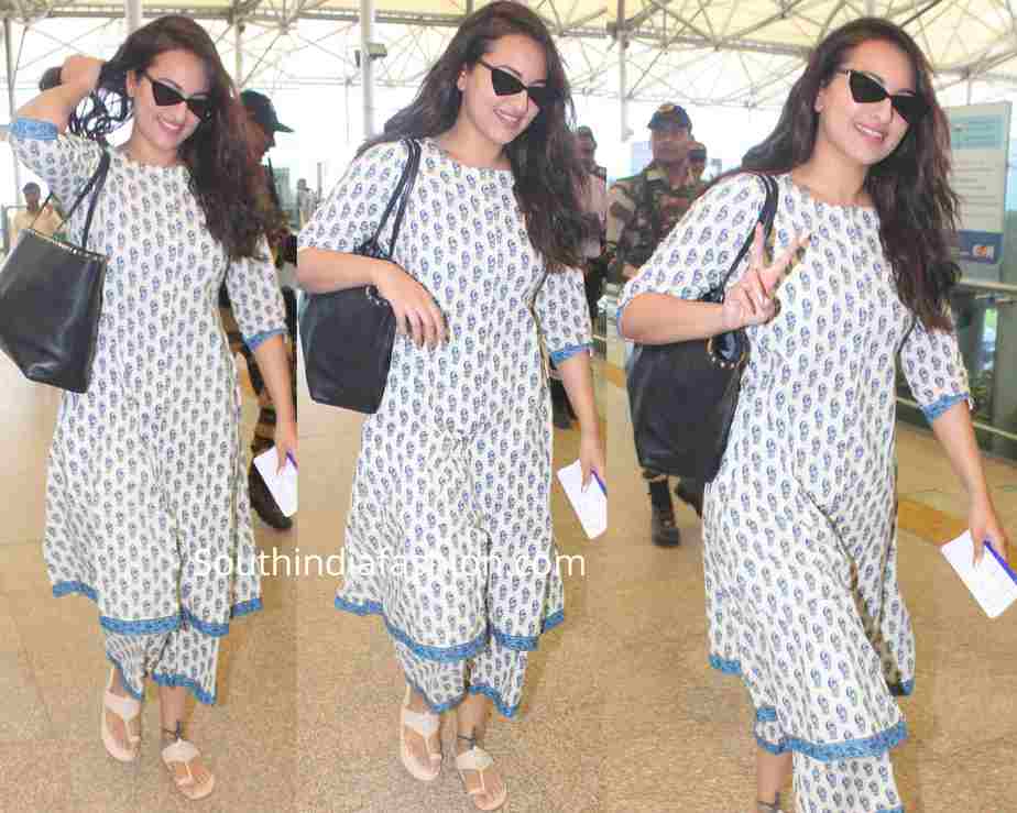 SONAKSHI SINHA PRINTED KURTA SET HYDERABAD AIRPORT